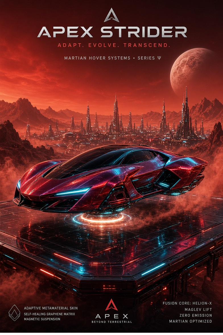 Apex Strider hover car above a Martian city skyline
